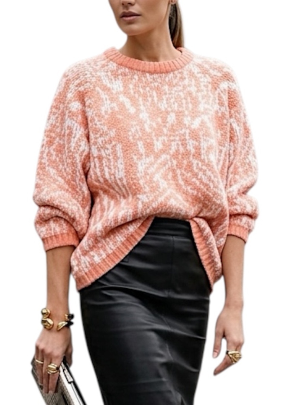 Vintage 80s 90s coral white chunky knit oversized crew neck pullover sweater L